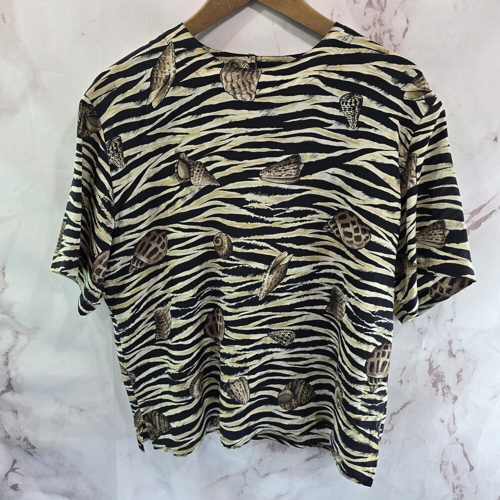 Vintage Silk Shirt Womens Large Tan Blouse Short Sleeve Mud Snail Shell Marine